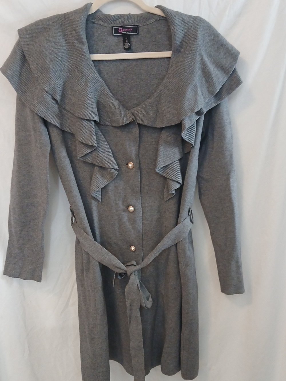 Christian Siriano Gray Ruffle-Trim Long Sleeve Knit Cardigan Dress